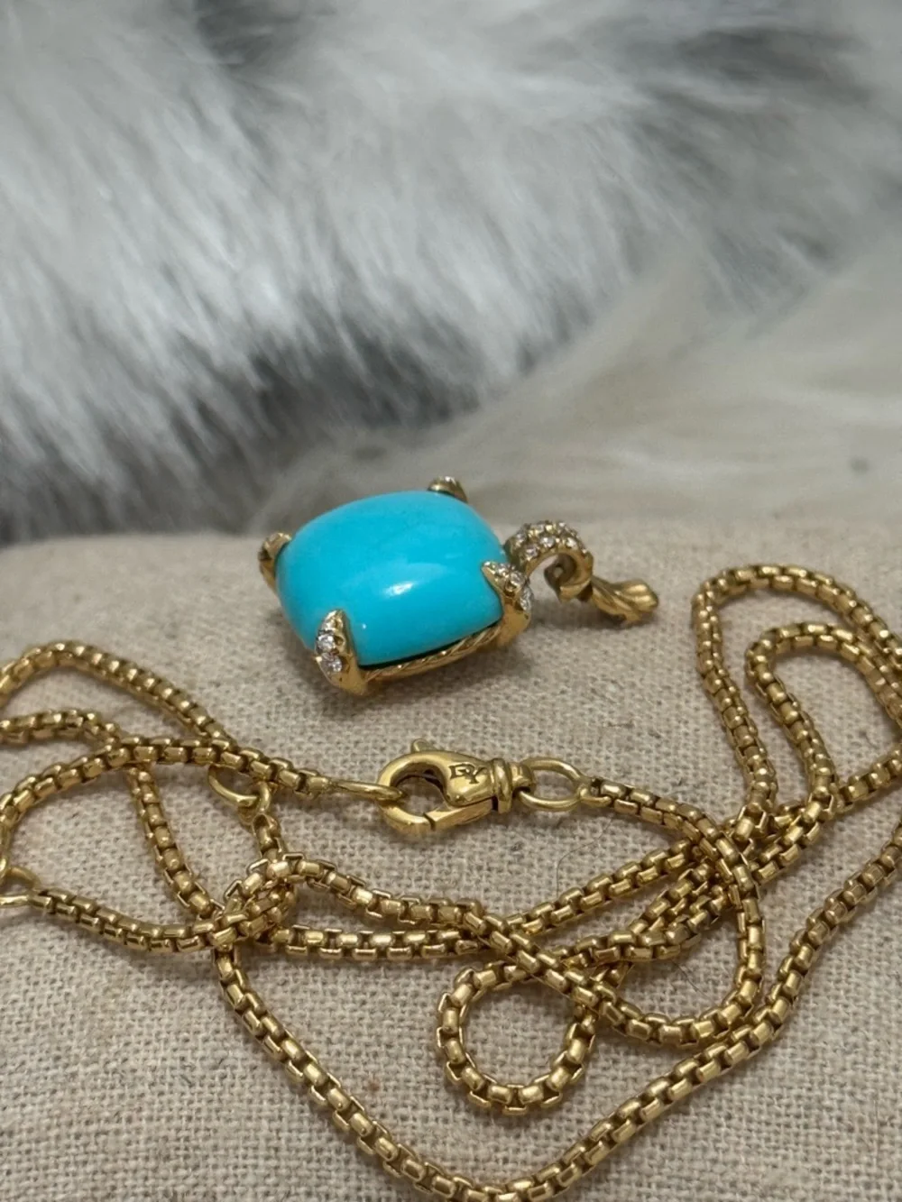 David Yurman 18K Yellow Gold Chatelaine Turquoise Diamond Pendant Necklace - Picture 3 of 11